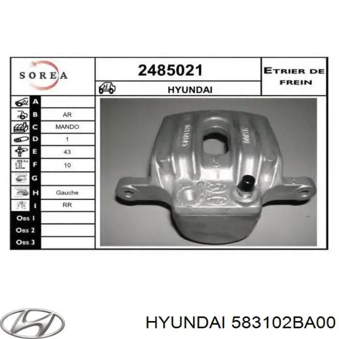 Do koszyka 583102BA00 Hyundai/Kia Zacisk hamulcowy tylny lewy