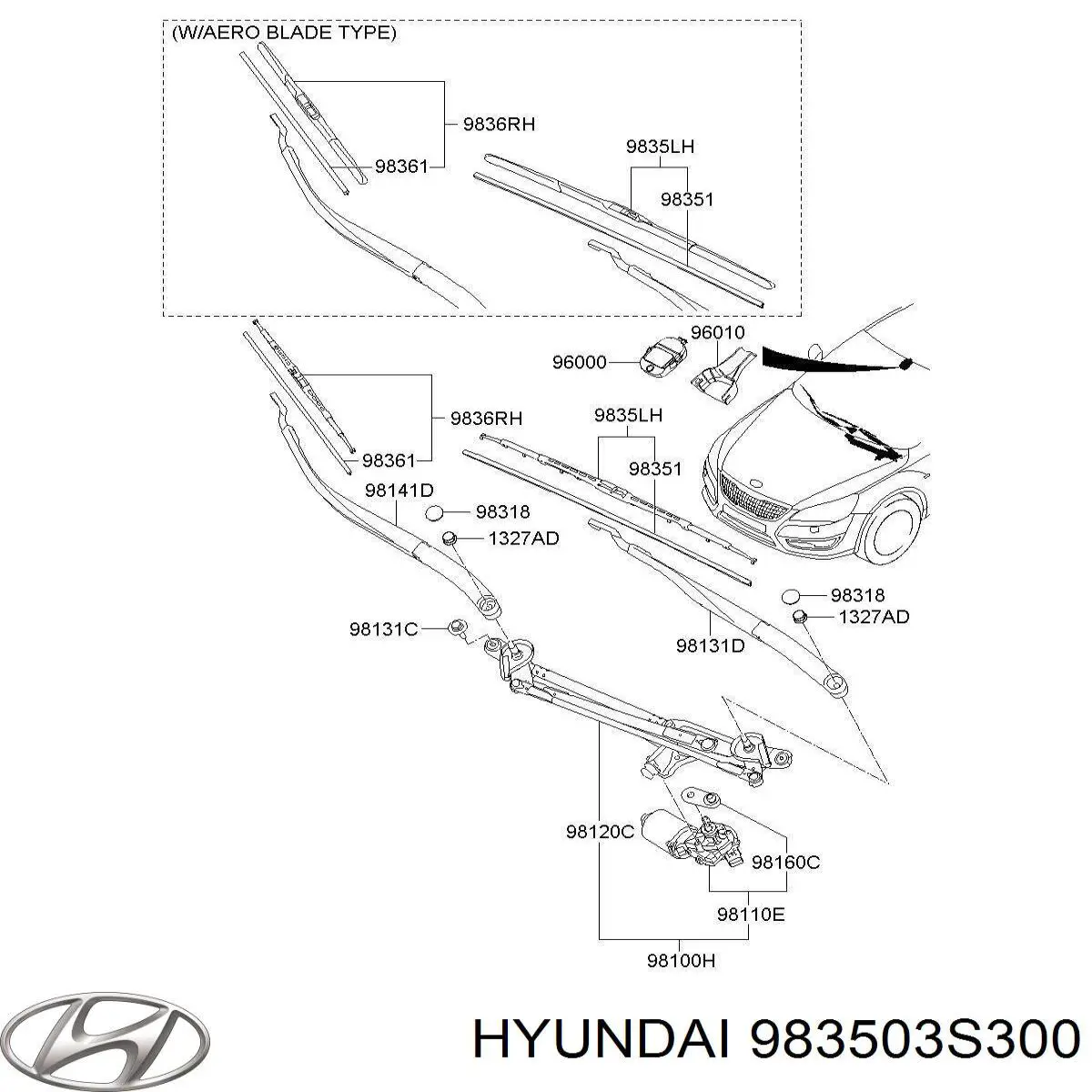 Do koszyka 983503S300 Hyundai/Kia Pióro wycieraczki szyby przedniej kierowcy