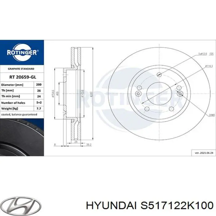 Do koszyka S517122K100 Hyundai/Kia Tarcza hamulcowa przednia