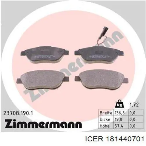 Do koszyka 181440701 Icer Klocki hamulcowe przednie tarczowe