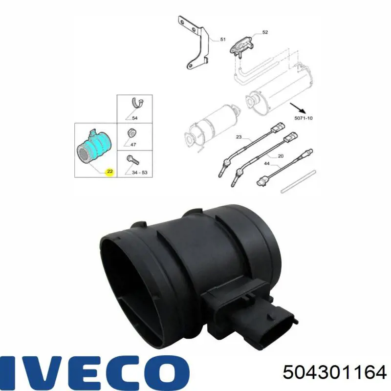 Czujnik przepływu powietrza, przepływomierz powietrza M.A.F. 504301164 Iveco