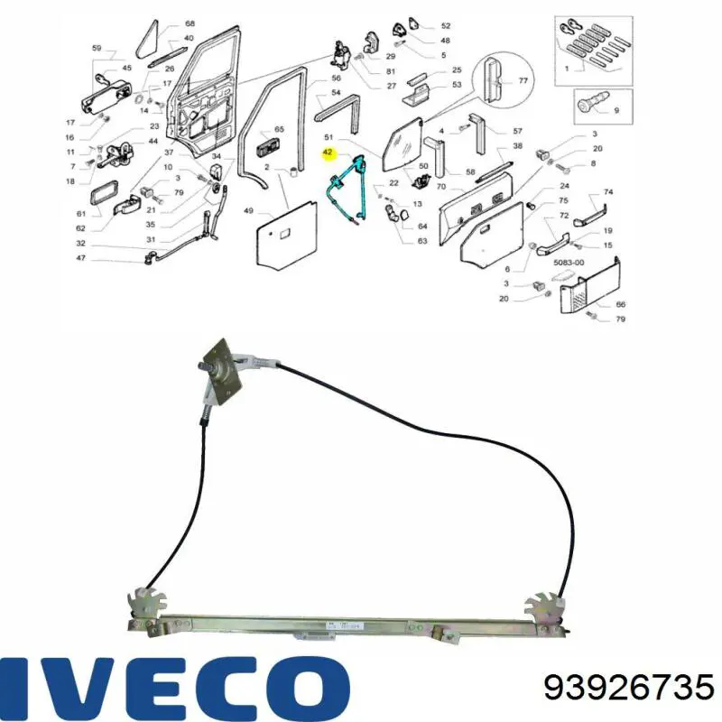Mechanizm podnoszenia szyby drzwi przednich lewych 93926735 Iveco