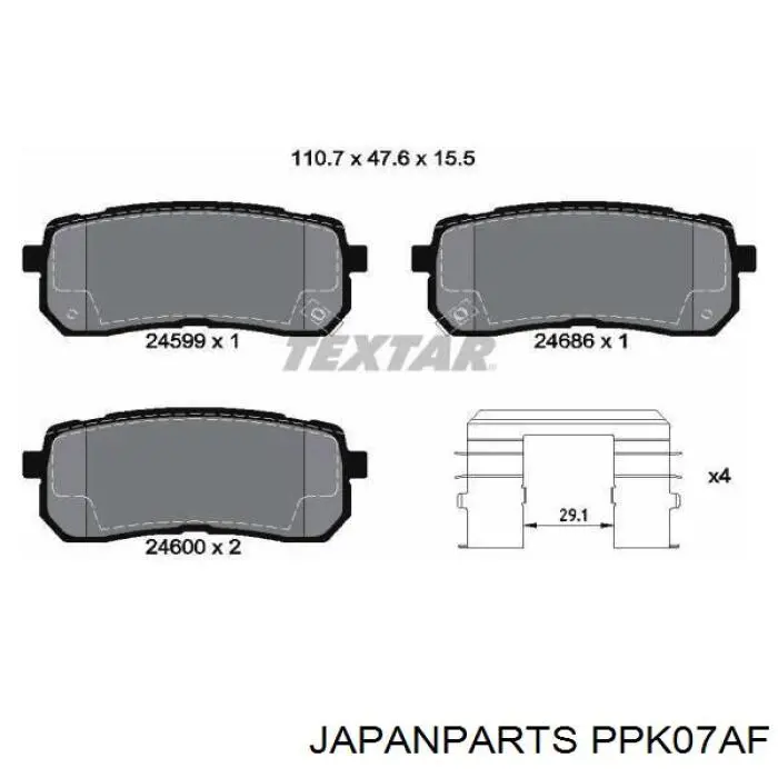 Do koszyka PPK07AF Japan Parts Okładziny (klocki) do hamulców tarczowych tylne