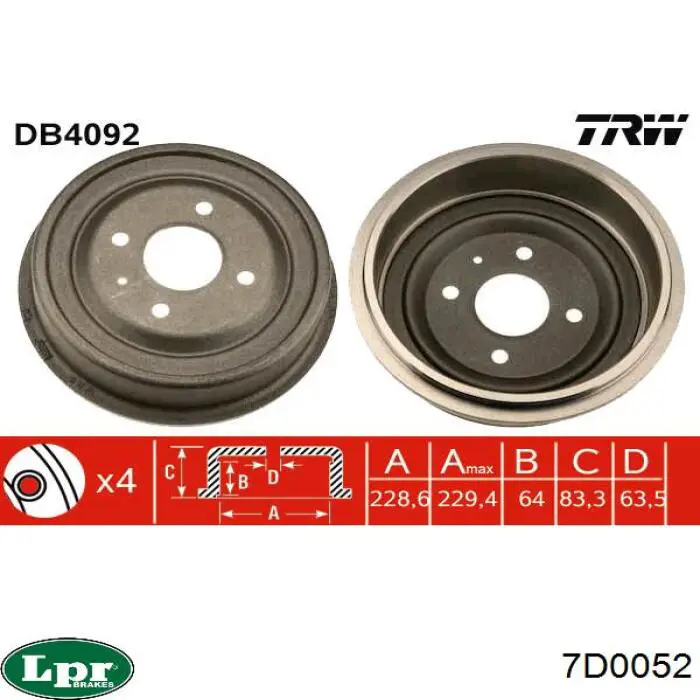 Bęben hamulcowy tylny LPR 7D0052 cena, od 44,76 USD