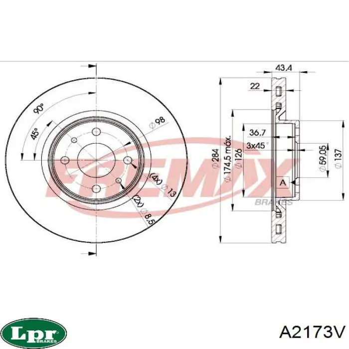 Tarcza hamulcowa przednia LPR A2173V cena, od 59,81 USD