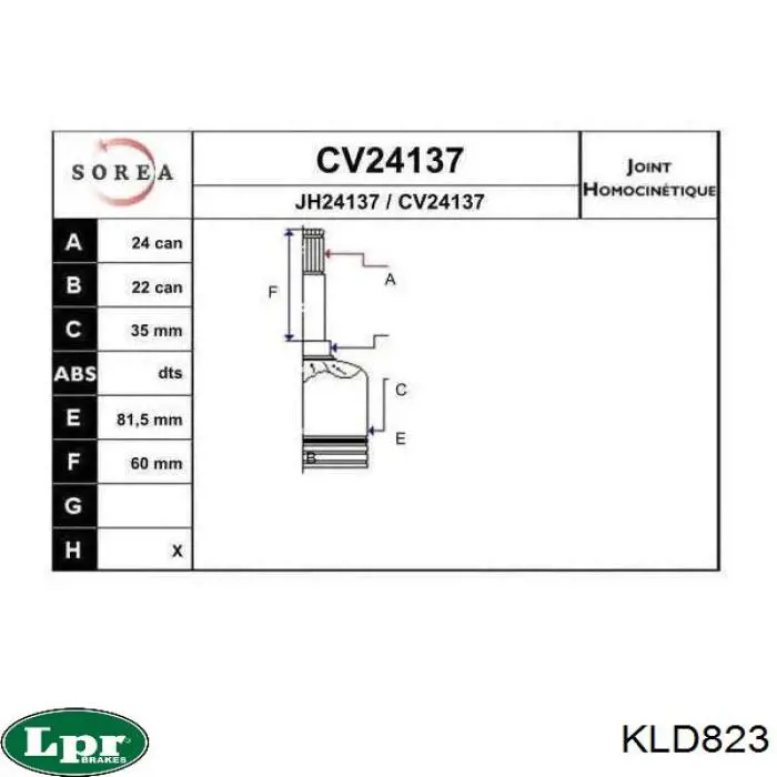 KLD823 LPR Przegub homokinetyczny przedni wewnętrzny