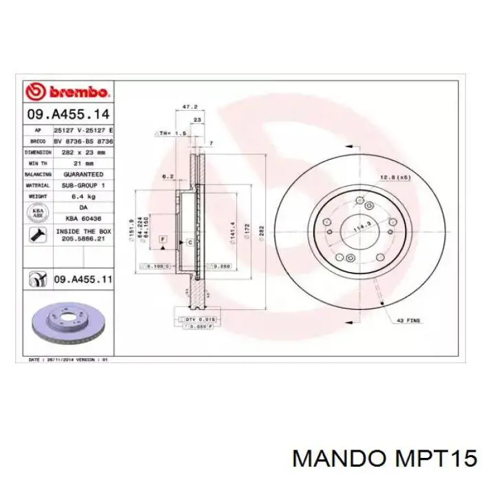 MPT15 Mando Klocki hamulcowe przednie tarczowe