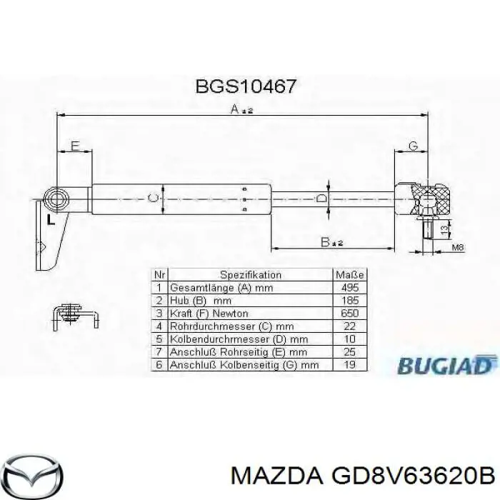 Do koszyka GD8V63620B Mazda Amortyzator klapy bagażnika (3/5 drzwi-tylnych)