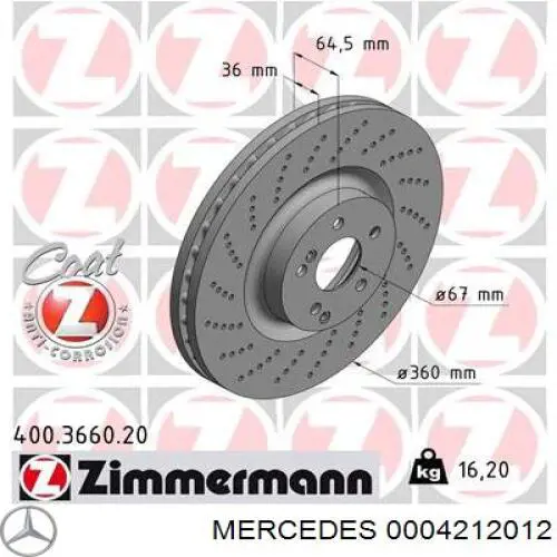 Tarcza hamulcowa przednia Mercedes 0004212012 cena, od 154,26 USD