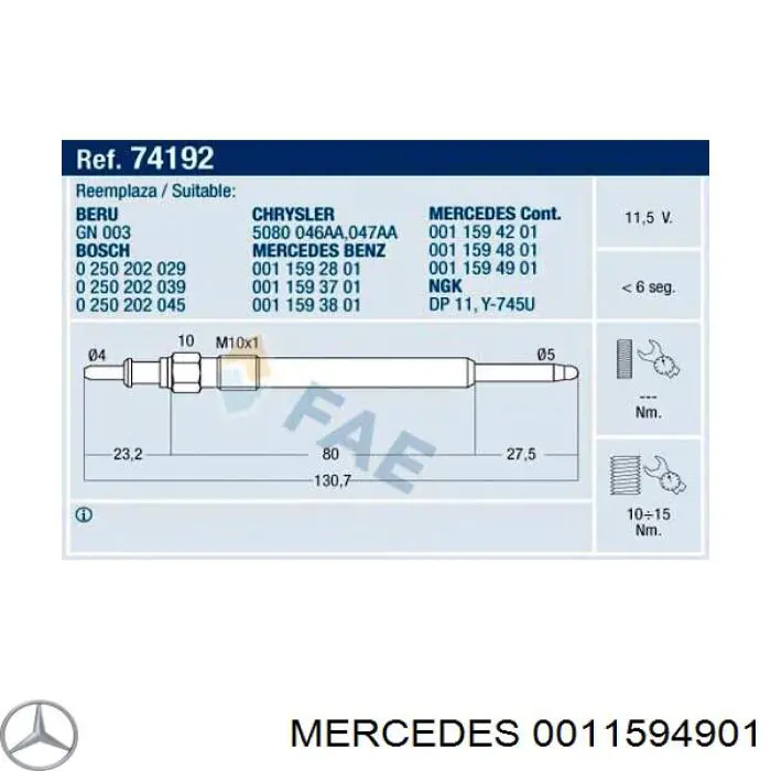 0011594901 Mercedes Świeca żarowa