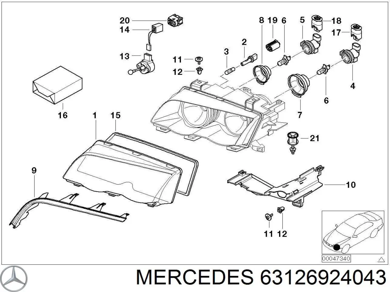 Szkło reflektora lewego 63126924043 Mercedes
