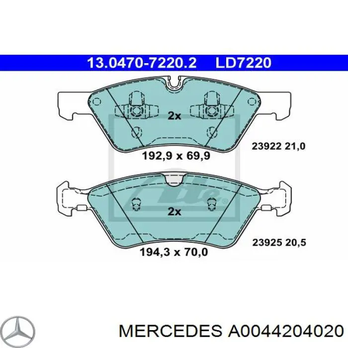 Klocki hamulcowe przednie tarczowe Mercedes A0044204020 cena, od 40,68 USD