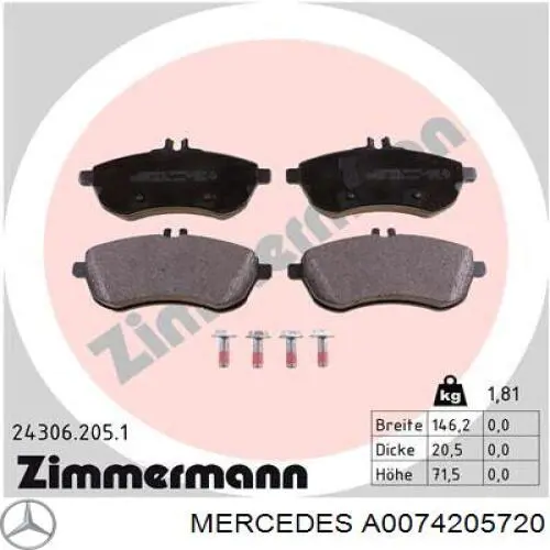 A0074205720 Mercedes Klocki hamulcowe przednie tarczowe