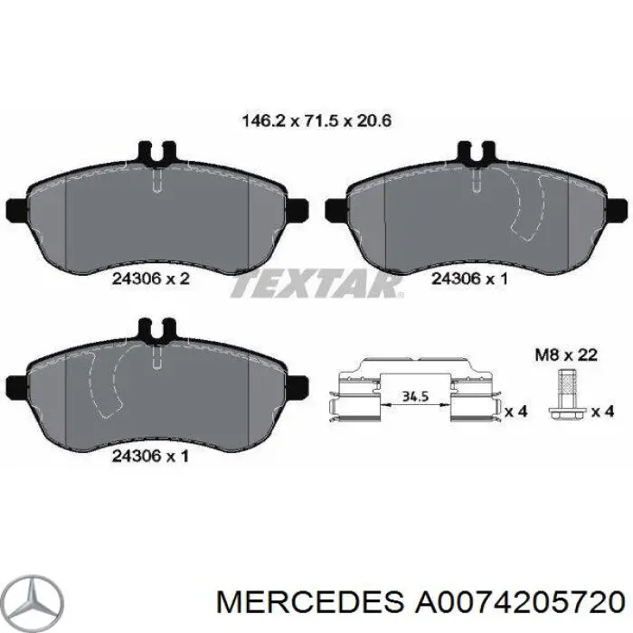 A0074205720 Mercedes Klocki hamulcowe przednie tarczowe