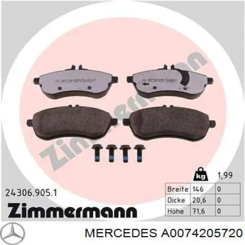 Klocki hamulcowe przednie tarczowe Mercedes A0074205720