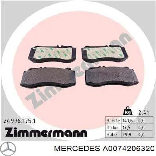 Klocki hamulcowe przednie tarczowe Mercedes A0074206320 cena, od 58,26 USD