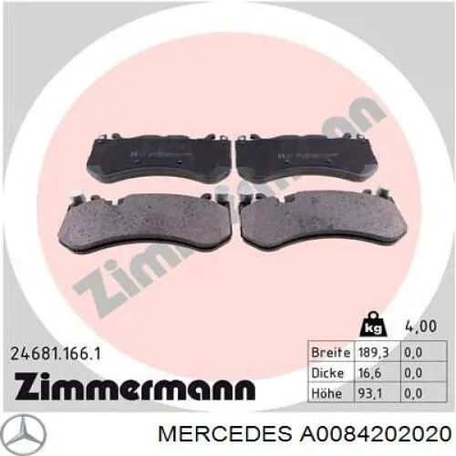 Do koszyka A0084202020 Mercedes Klocki hamulcowe przednie tarczowe