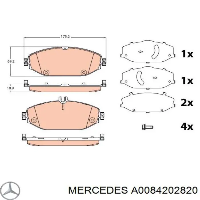 Klocki hamulcowe przednie tarczowe Mercedes A0084202820 cena, od 41,09 USD