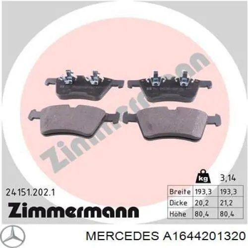 Klocki hamulcowe przednie tarczowe Mercedes A1644201320 cena, od 58,80 USD