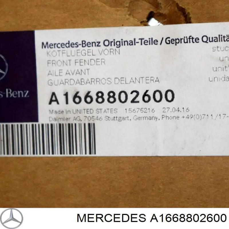 A1668802600 Mercedes Błotnik przedni prawy