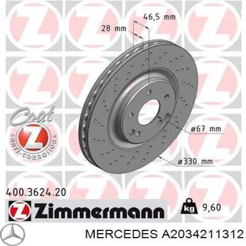 Do koszyka A2034211312 Mercedes Tarcza hamulcowa przednia