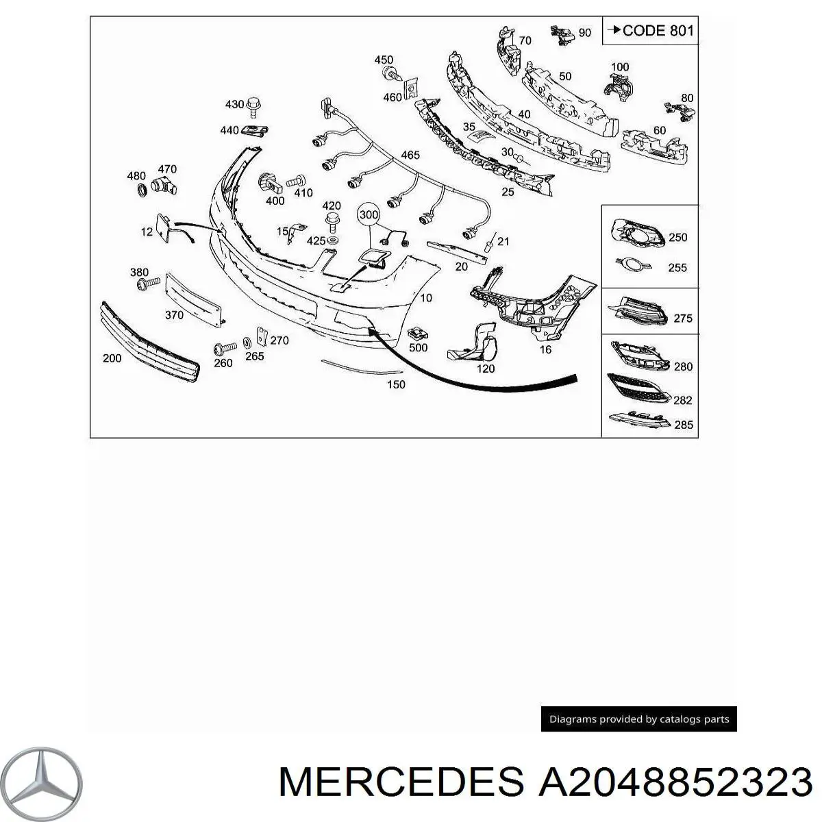 Kratka zderzaka przedniego prawa Mercedes A2048852323 cena, od 49,37 USD
