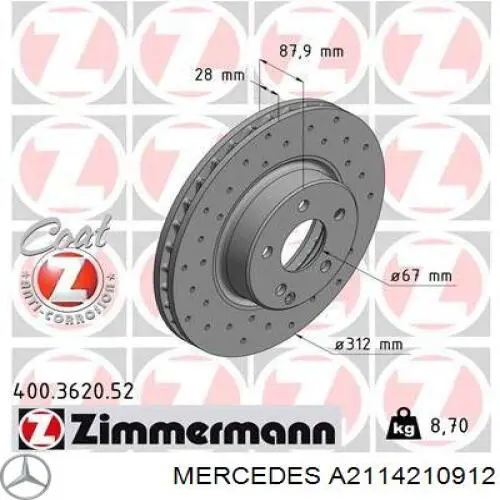 Do koszyka A2114210912 Mercedes Tarcza hamulcowa przednia