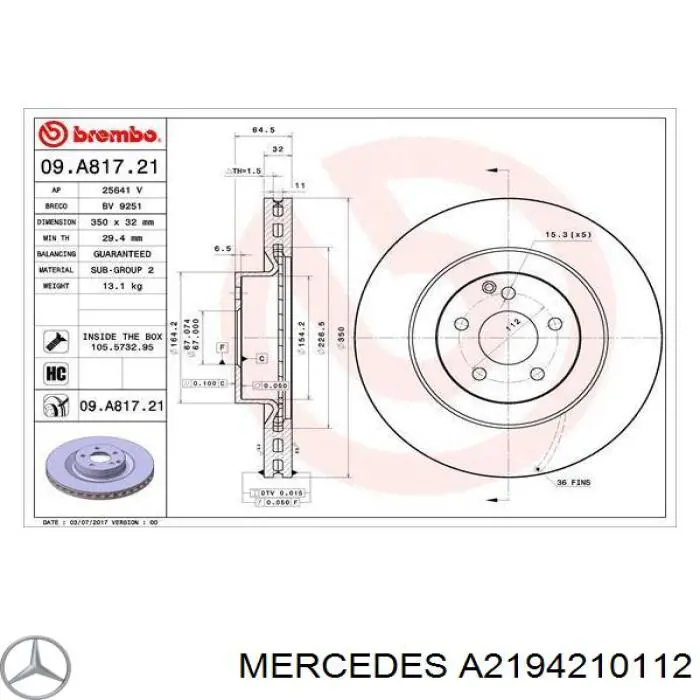 A2194210112 Mercedes tarcza hamulcowa przednia