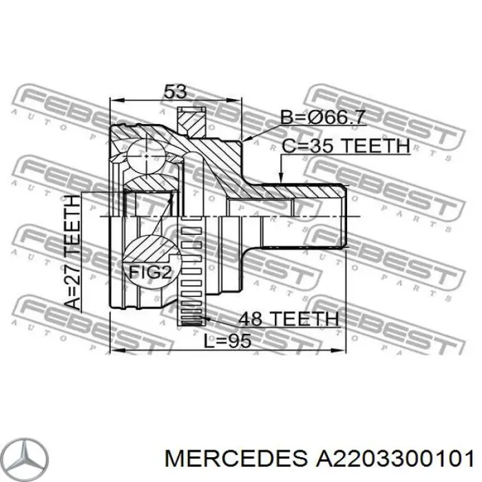 Półoś napędowa przednia prawa Mercedes A2203300101 cena, od 161,48 USD
