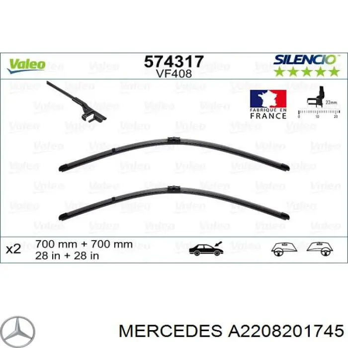 Pióro wycieraczki szyby przedniej, zestaw (2 szt.) Mercedes A2208201745 cena, od 50,86 USD