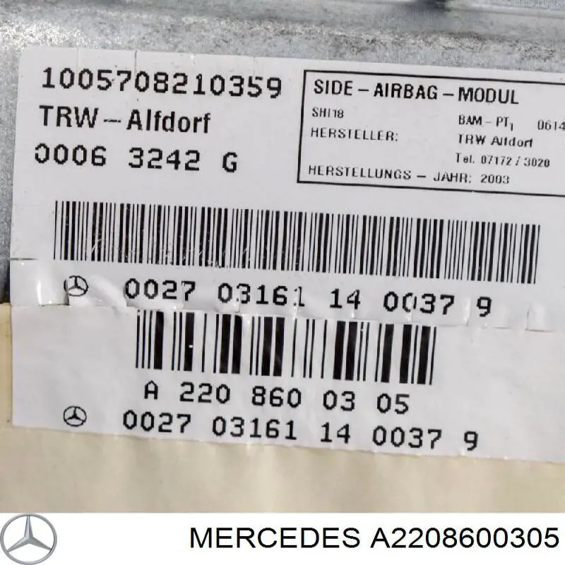 Do koszyka A2208600305 Mercedes Poduszka powietrzna (AIRBAG) drzwi przednich lewych