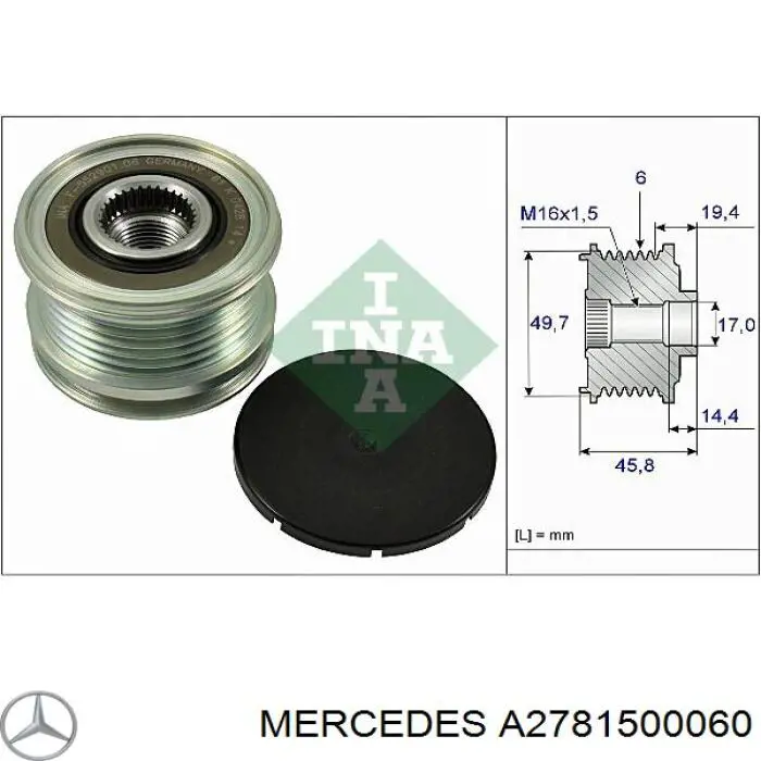Koło pasowe alternatora Mercedes A2781500060 cena, od 34,04 USD