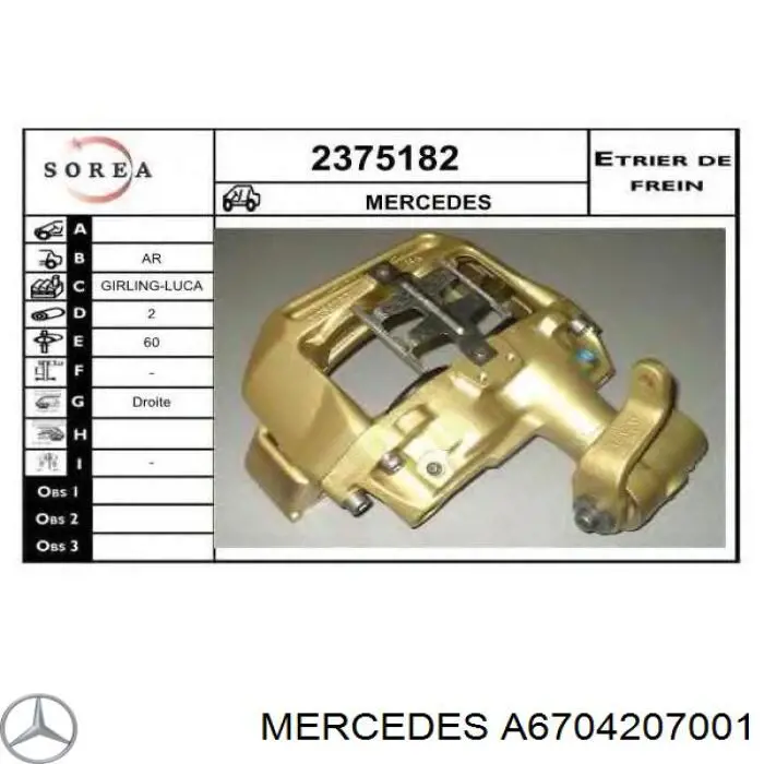 A6704207001 Mercedes Zacisk hamulcowy tylny prawy