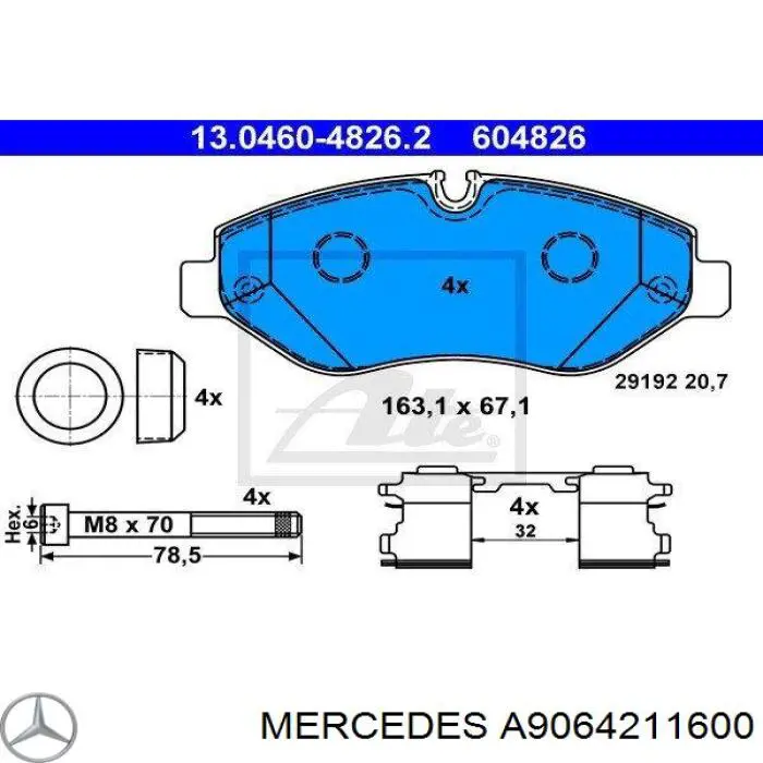Klocki hamulcowe przednie tarczowe Mercedes A9064211600 cena, od 29,56 USD