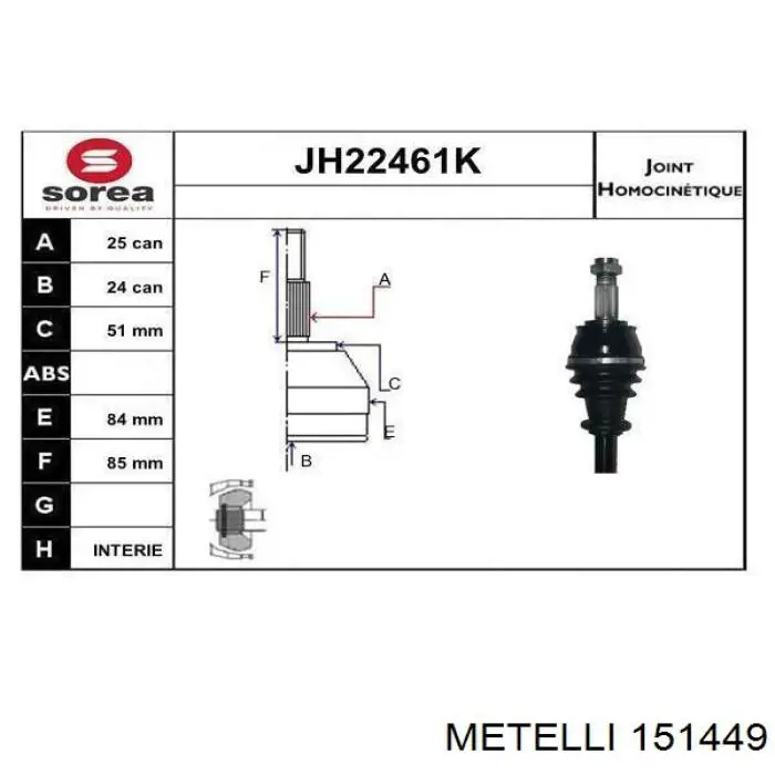 Do koszyka 151449 Metelli Przegub homokinetyczny przedni zewnętrzny