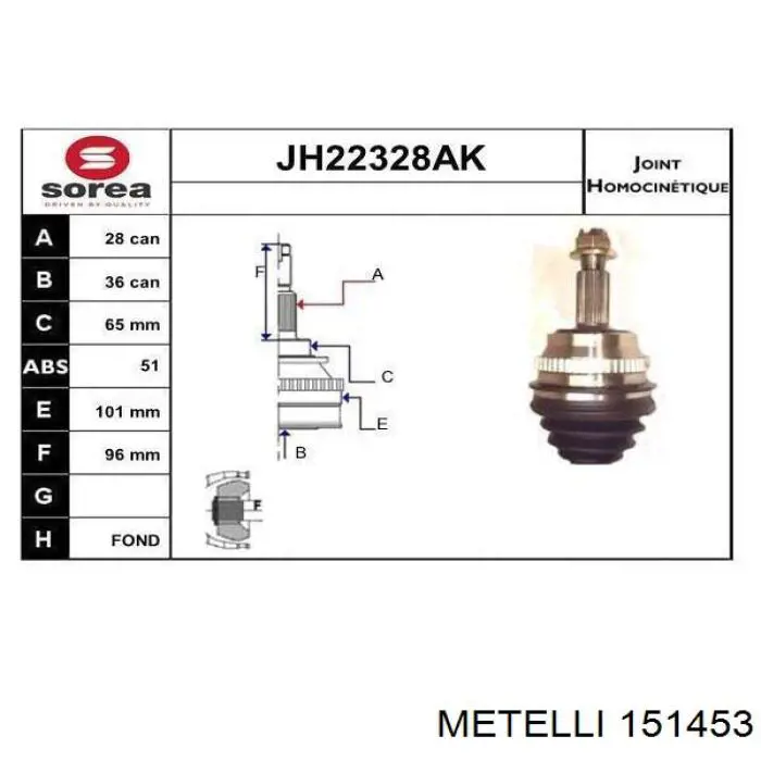 Do koszyka 151453 Metelli Przegub homokinetyczny przedni zewnętrzny