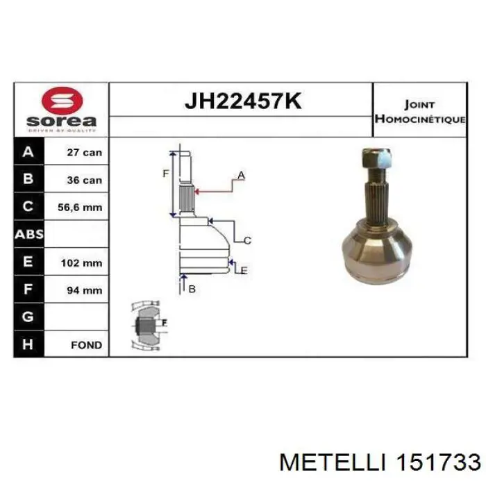 Przegub homokinetyczny przedni zewnętrzny Metelli 151733 cena, od 50,11 USD