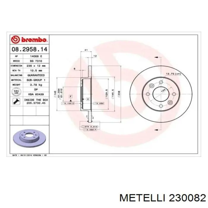 Tarcza hamulcowa przednia Metelli 230082 cena, od 26,39 USD