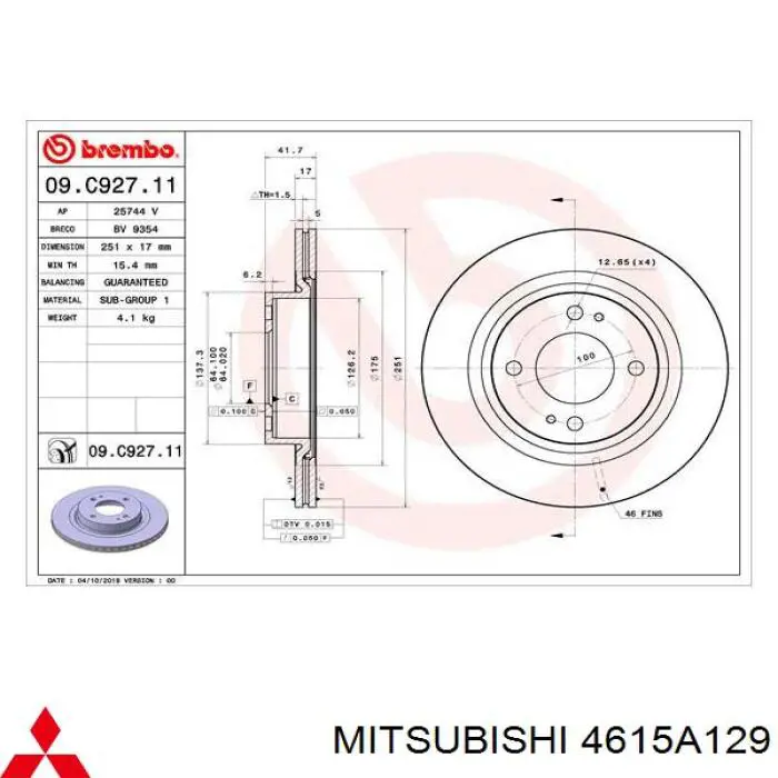 Do koszyka 4615A129 Mitsubishi Tarcza hamulcowa przednia