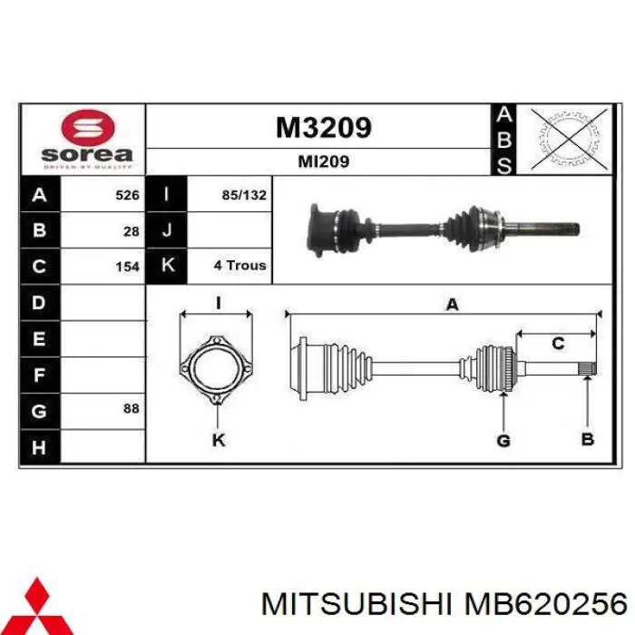 Półoś napędowa przednia prawa Mitsubishi MB620256 cena, od 111,22 USD
