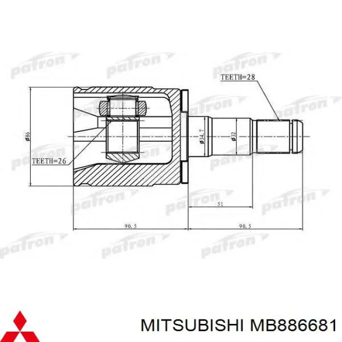 Do koszyka MB886681 Mitsubishi Przegub homokinetyczny wewnętrzny przedni lewy