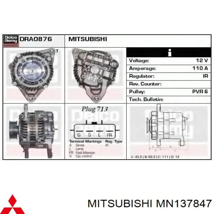 Alternator Mitsubishi MN137847 cena, od 220,78 USD