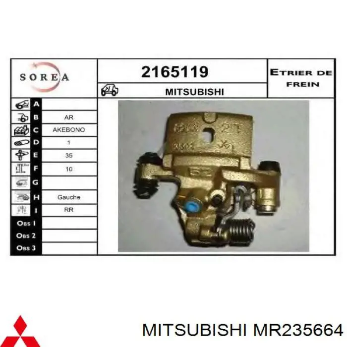 Do koszyka MR235664 Mitsubishi Zacisk hamulcowy tylny lewy