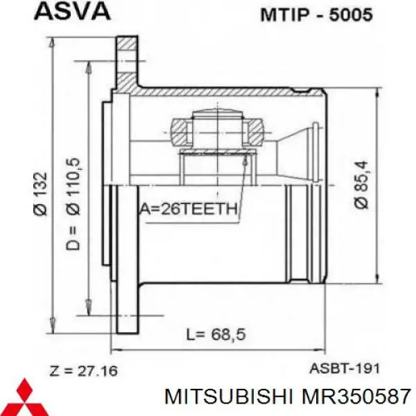 Do koszyka MR350587 Mitsubishi Przegub homokinetyczny wewnętrzny przedni prawy