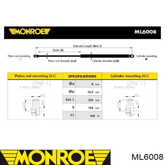 ML6008 Monroe amortyzator maski lewy = siłownik maski lewy