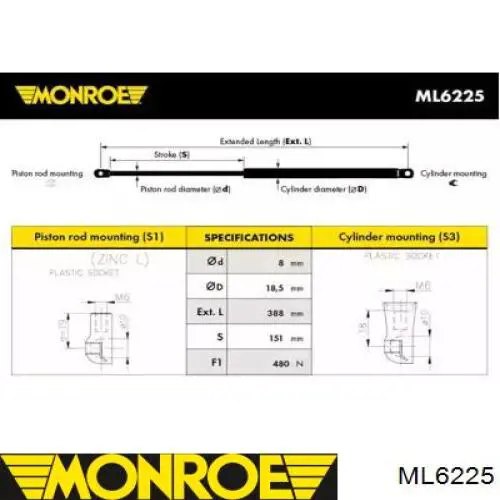 ML6225 Monroe Amortyzator klapy bagażnika (3/5 drzwi-tylnych)