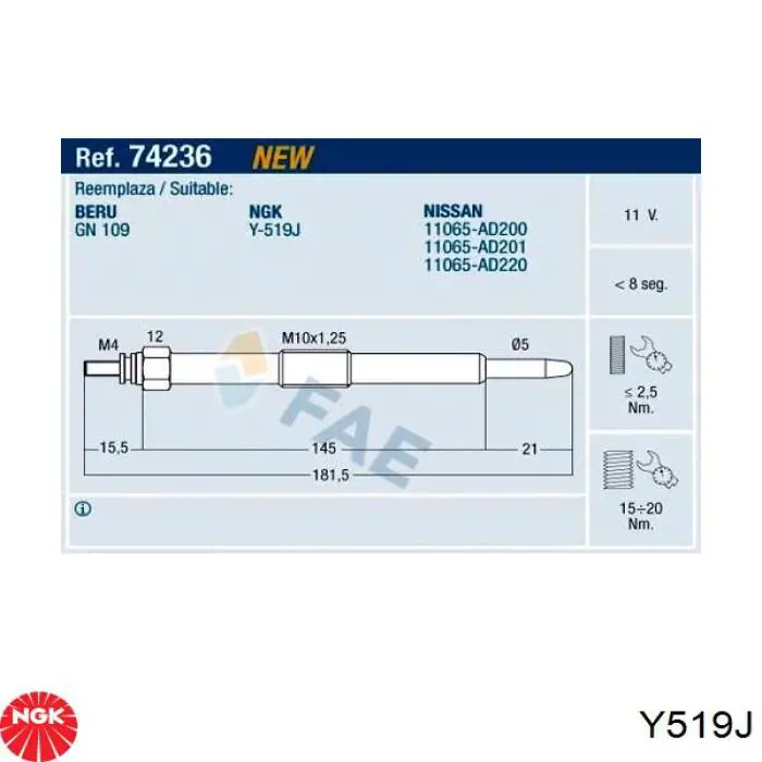 Y519J NGK Świeca żarowa