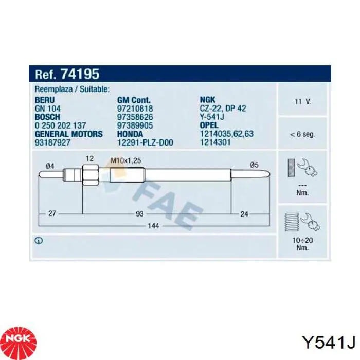 Do koszyka Y541J NGK Świeca żarowa