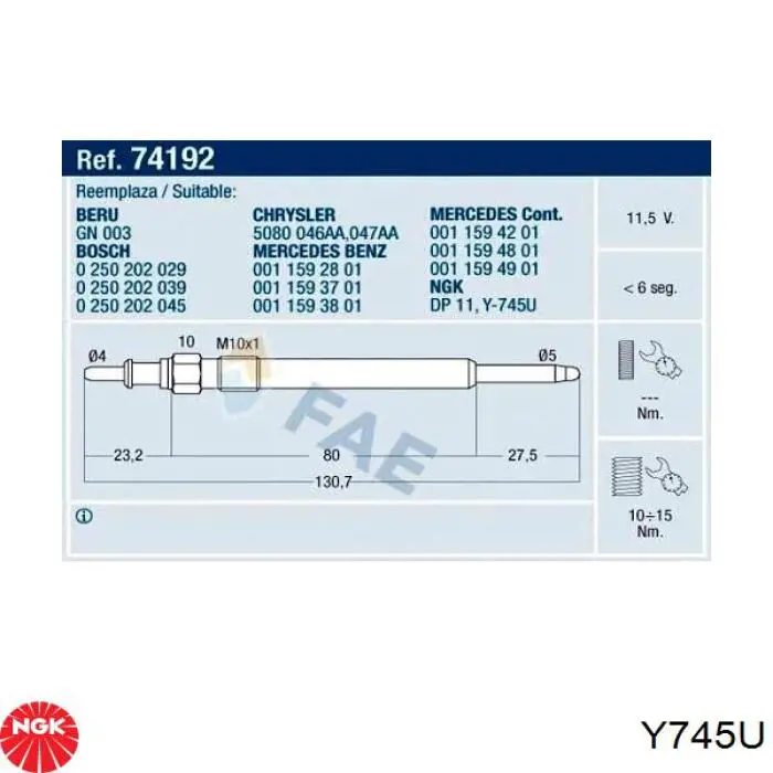 Y-745U NGK świeca żarowa