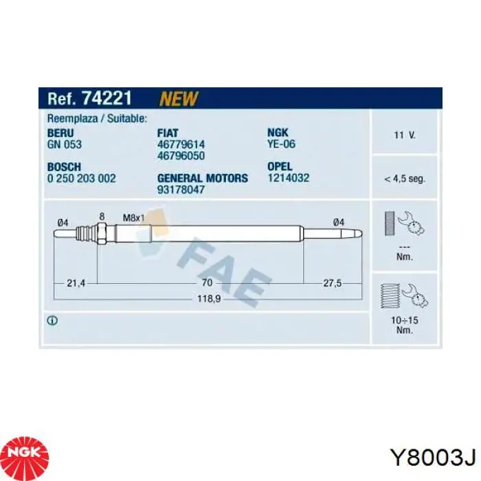 Świeca żarowa NGK Y8003J cena, od 9,23 USD